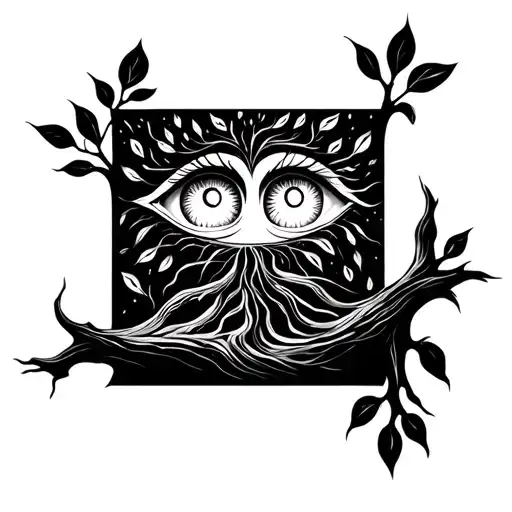 Tree Of Life With Eyes In Between The Leaves And Bark Running Like A River