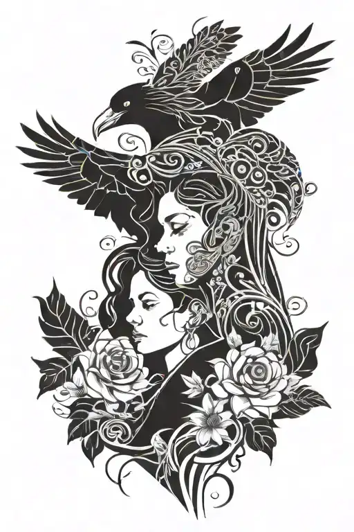 Mother And Son With A Raven With Flowers And Nature