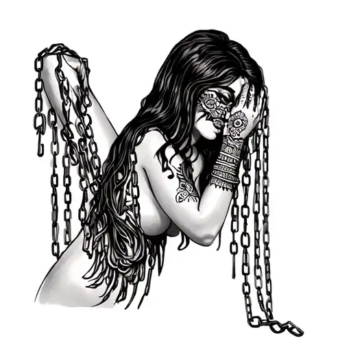 Mehendi Woman Leaning In Chains Broken Her Hair Covering Her Face