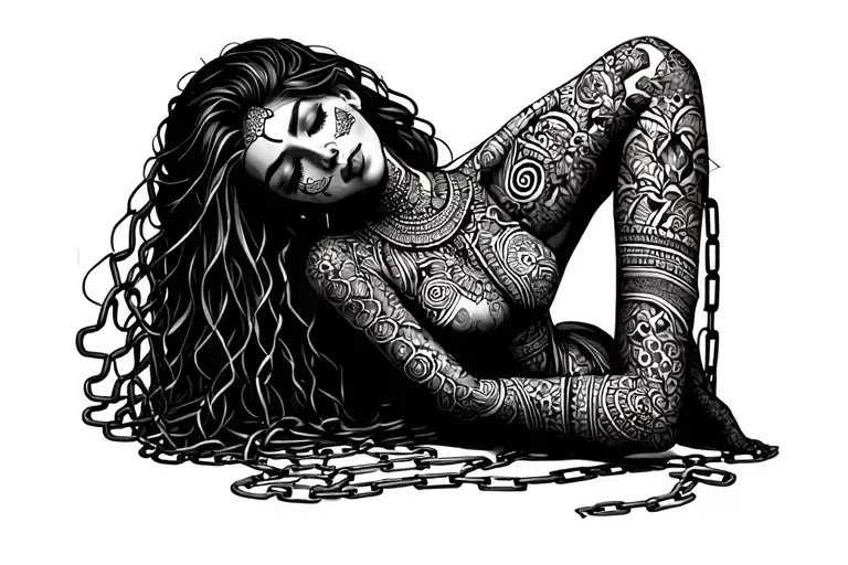 Mehendi Woman Leaning In Chains Broken Her Hair Covering Her Face
