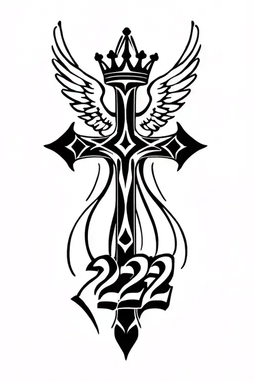 Cross With Angel Wings With Crown With 222 Numbers