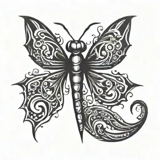 Generate Scatch Dragon Fly For Tattoo In Dark Fantasy Style With Sharp Ends Symmetrically Top View