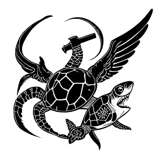 Stingray With A Sea Turtle And Hammer Head Shark In The Wings