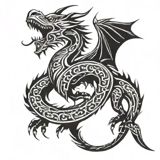 Shoulder To Neck Dragon Breathing Fire From Mouth With No Wings Long Tail