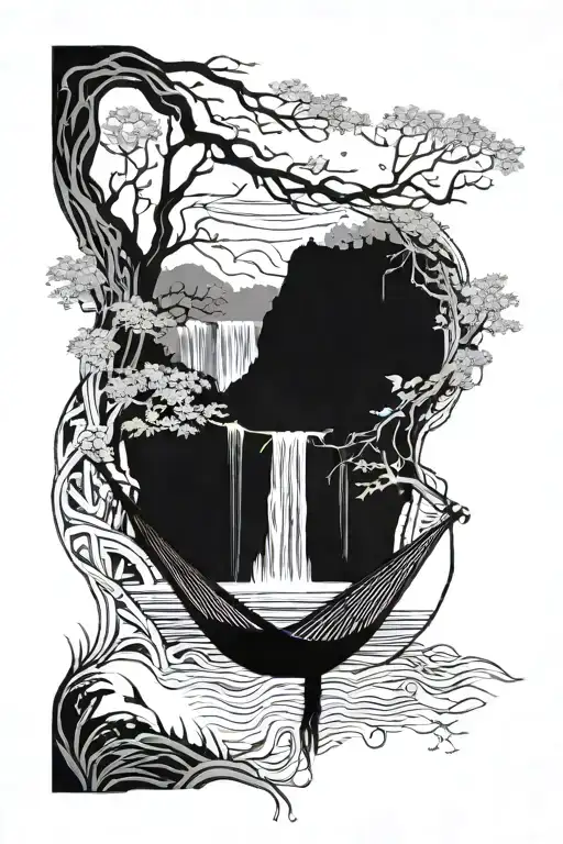 A Hammock In The Woods Beside A Raging River With A Majestic Waterfall