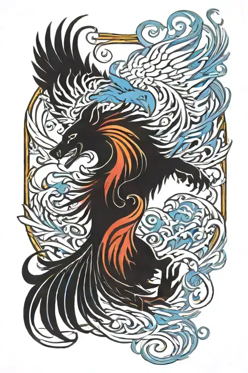 A Flaming Red And Yellow Phoenix Rising From The Ashes Fighting A Blue Strong Wolf