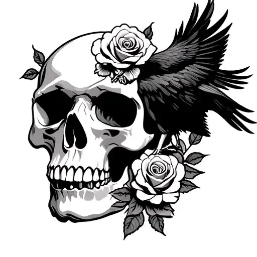 Raven Perched On A Skull With Roses