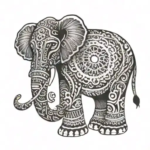 A Detailed Tattoo Black And White Mandala-style Illustration Of An Elephant With Intricate Sanskrit