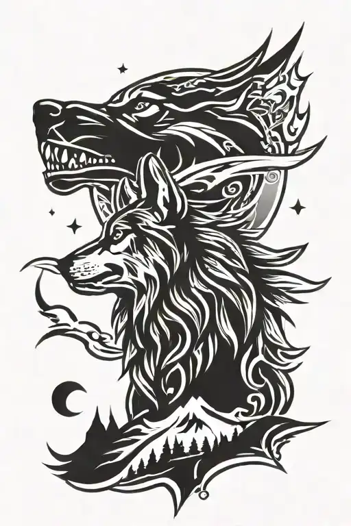 Wolf Howling With Crown Moon In Back Ground