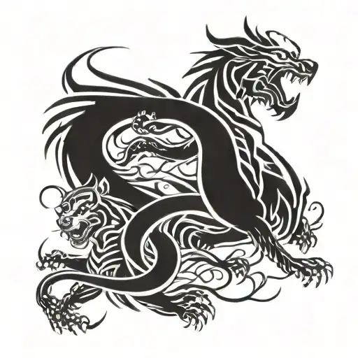 A Fierce Dragon In Battle With A Tiger Fighting Each Other