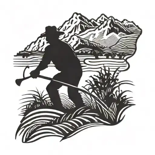 A Silhouette Of A Farmer Working In A Field With A Mountain Backdrop