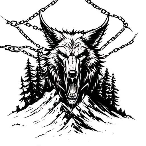 Fenrir Breaking Chains On Top Of A Forested Mountain