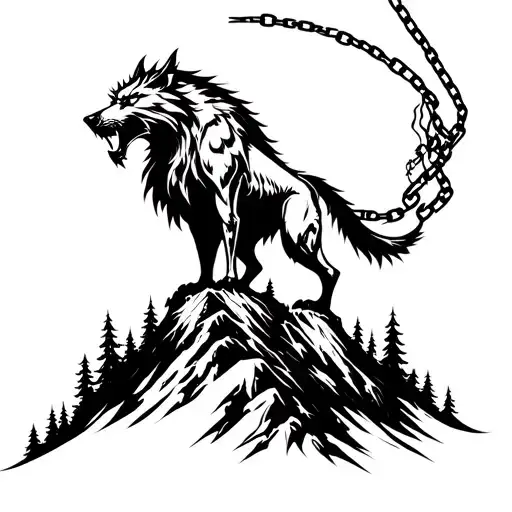 Fenrir Breaking Chains Standing On Top Of A Forested Mountain