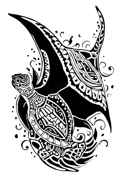 Mayan Themed Manta Ray And Turtle Swimming