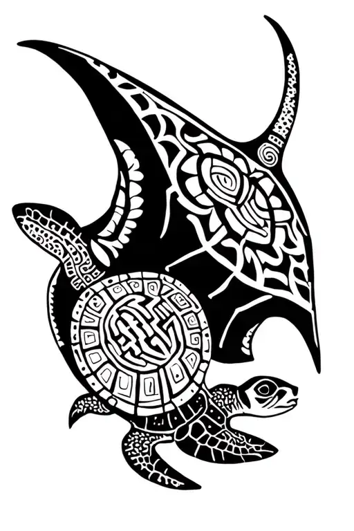 Mayan Themed Manta Ray And Turtle Swimming Separately