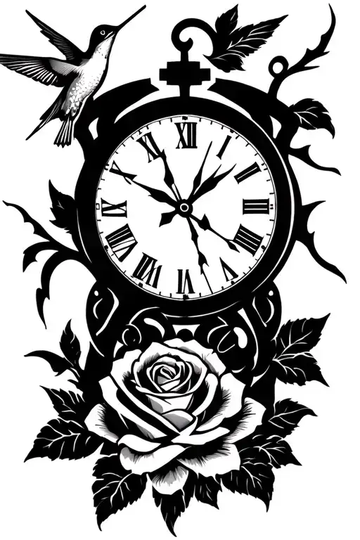 Broken Clock With Hummingbird And Rose