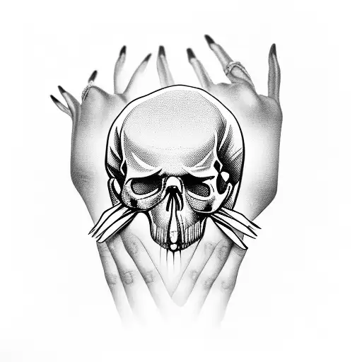 Scary Fingers With Longer Nails Holding A Skull With Its Mouth Ipen