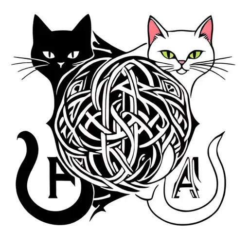 Yggdrasil Tattoo Intertwined With A Black Cat And A White Cat With An H And An A