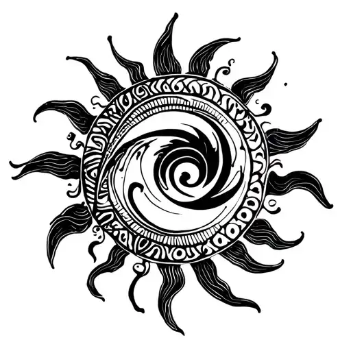 Whimsical Sun With Swirl Inside Of It And With Chinese Clouds By It