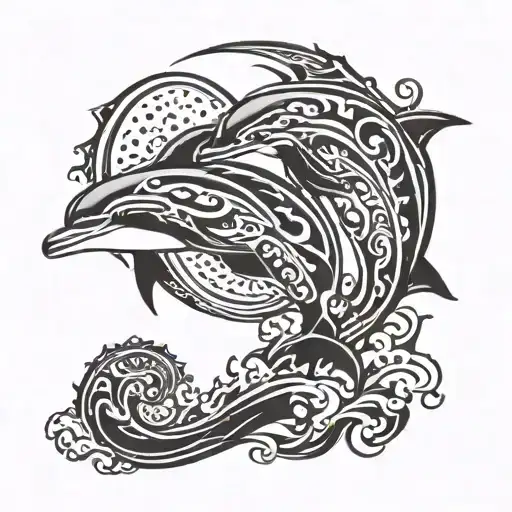 2 Dolphins With Waves And A Sun Rising