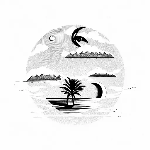 Straight Palm Tree With A Moon On Top And 3 Bats Around It