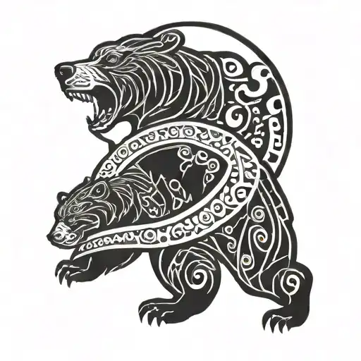 Bear Protecting Cub In Front Of Crescent Moon