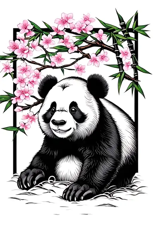 Baby Panda With Bamboo Under Cherry Blossom Tree
