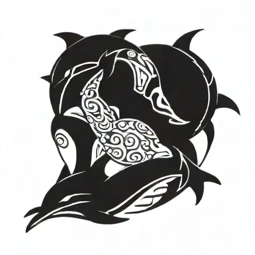 3 Dolphins Forming A Circle Around A Sea Turtle Swimming