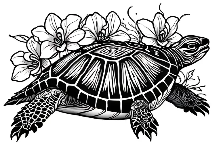 Turtle With Orchids Around Her