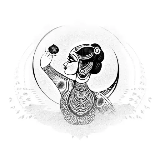 Back Of Bengali Girl In Cultural Clothing Holding Flower To Moon