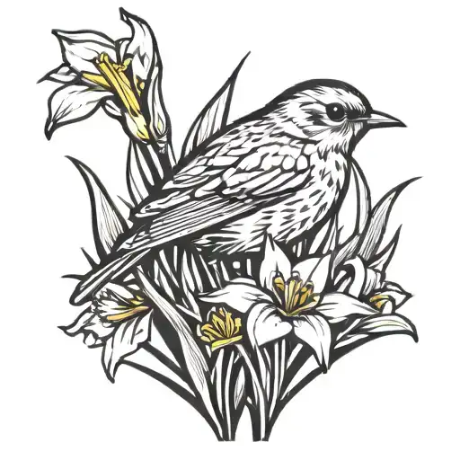 Robin In Daffodils Growing