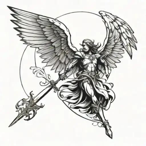 Archangel Michael Flies Up With A Sword Against The Background Of The Sky And Doves