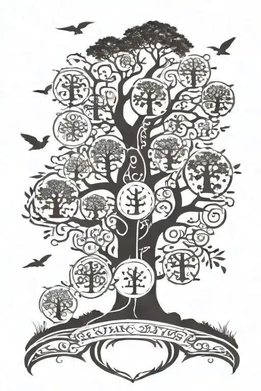 Family Tree With 6 Name Spots And Crosses At The Bottom With Clouds In The Back