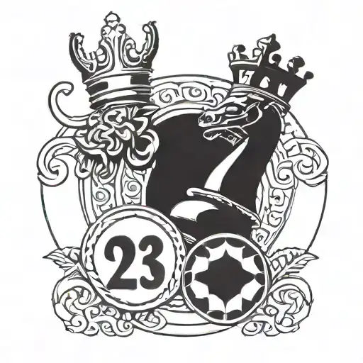 Circular Tattoo Of A King Chess Piece With The Number 23 Incorperated Into The Piece