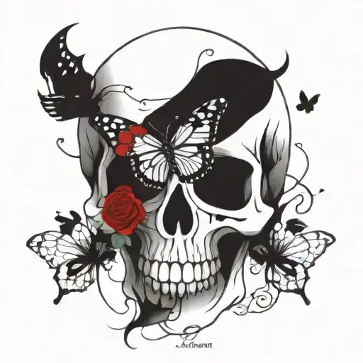 Skull With Red Roses And Small Butterflies Witht He Quote I Am Free
