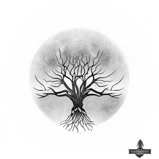 Tatoo Of A Tree Of Life Under A Full Moon Light And Mist