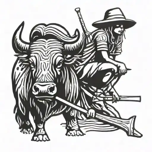 Straw Hat Kid Farmer Sitting On Water Buffalo Playing The Flute