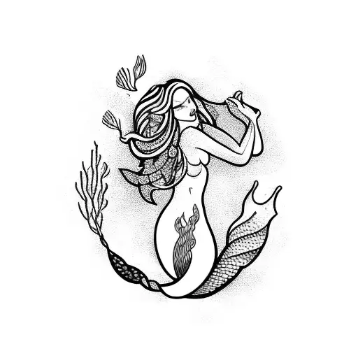 Mermaid With Braided And Flowers Flowing Water