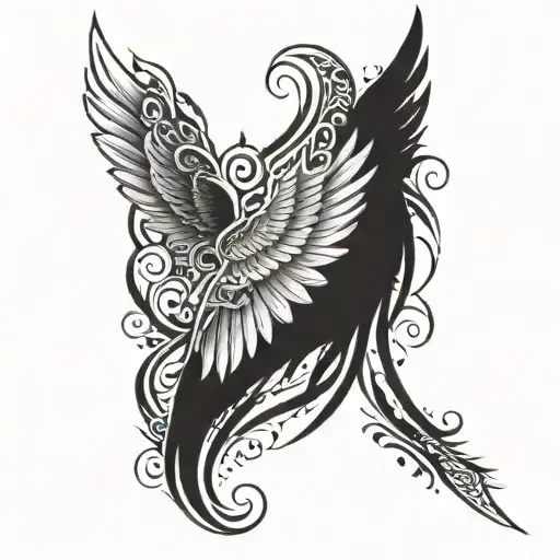 Tribal Tattoo Of An Angel Wing And Church Shadows In Background And Quotes In Background