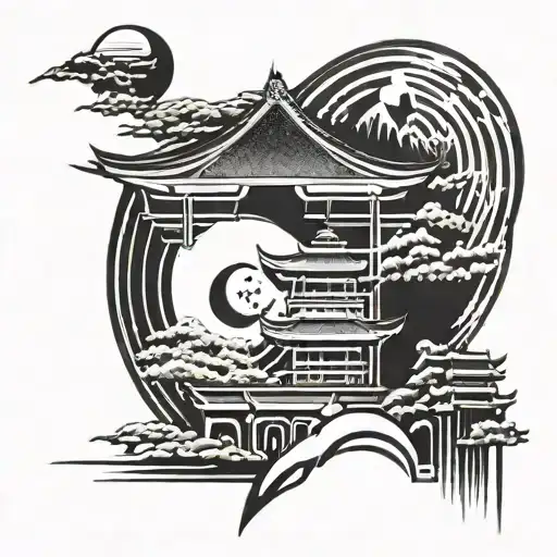 Japanese Temple And Moon With Mountains Inside