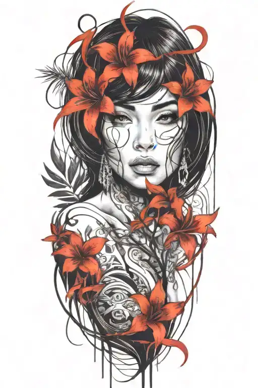 Beautiful Woman With Dark Hair Interwined With Lily Flowers And A Pine Tree