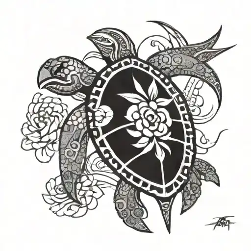 Turtle With Flower And Swallow Bird