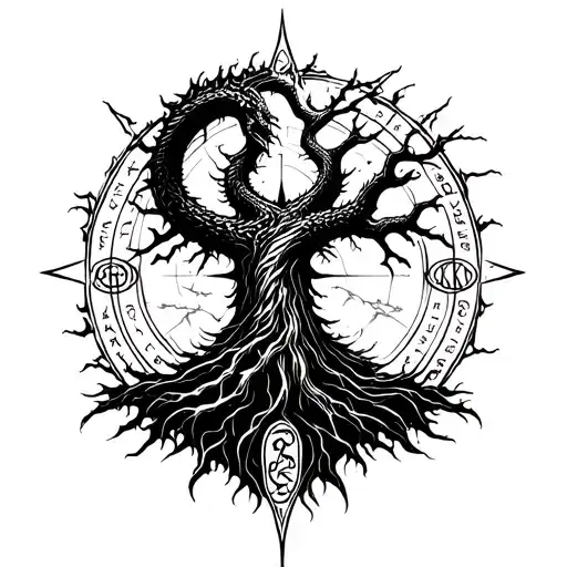 Yggdrassil Surounded By Jormungandr And Around It Norse Runes As Seen In Vegvisir