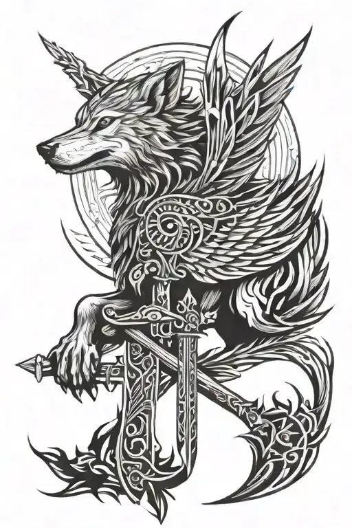 Sword With Wings And Wolf Howling At The Moon