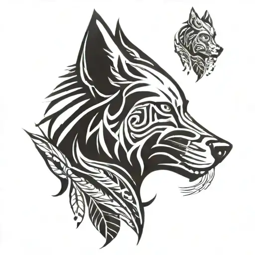 A Striking Wolf's Head Surrounded By A Feather
