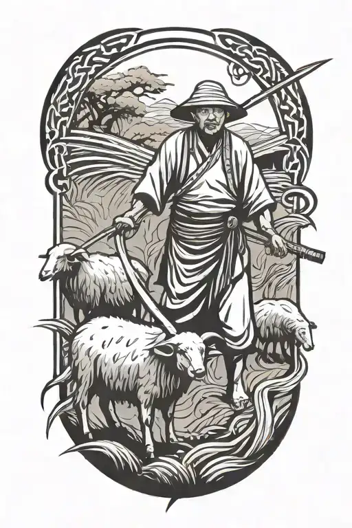 Chinese Farmer With A Scythe And Black Sheep