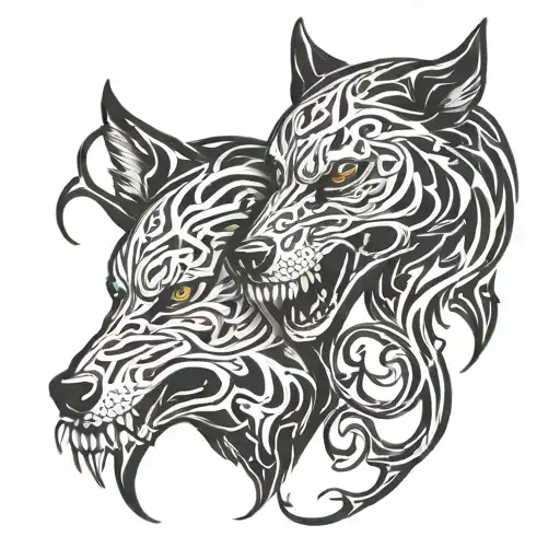 Outlines Of Two Black Wolves Gnawing A Human Skull Entwined With Vines