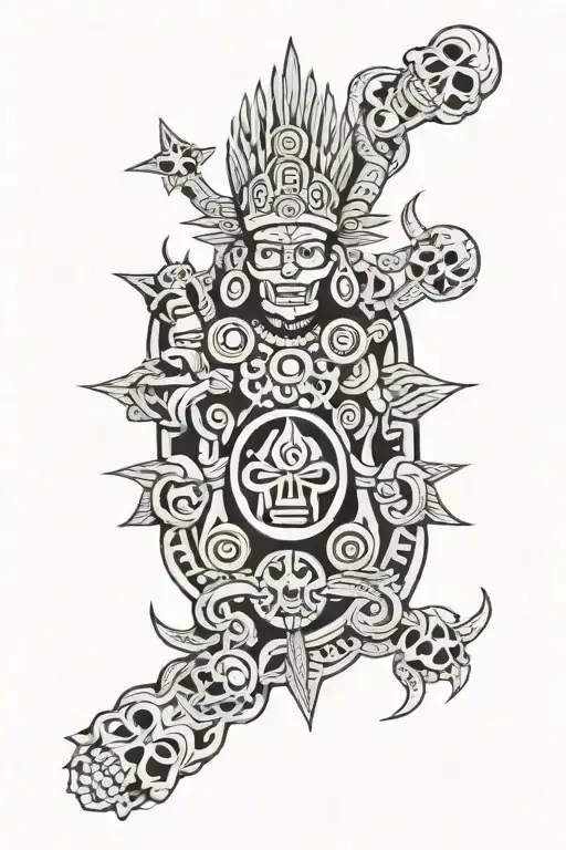 Mayan God Surrounded By Skulls Facing Each
