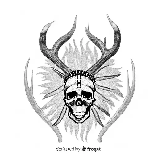 Skull With Native American Headdress And Antlers