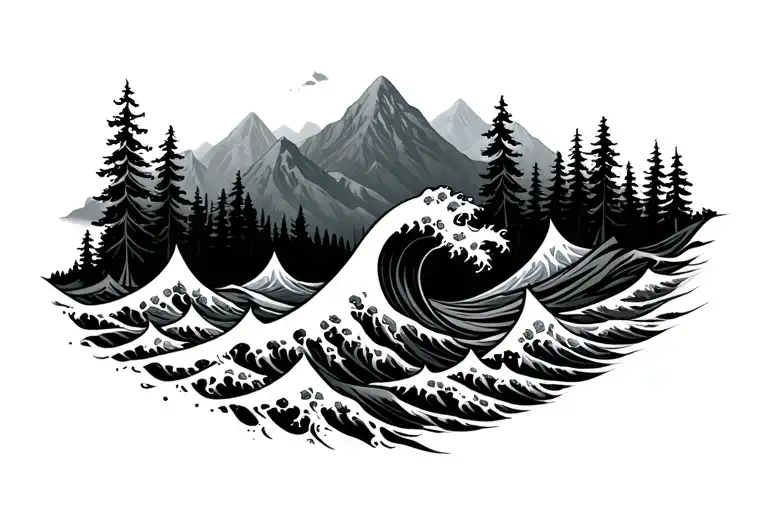 Ocean Wave Breaking In Front Of Mountains With Forest